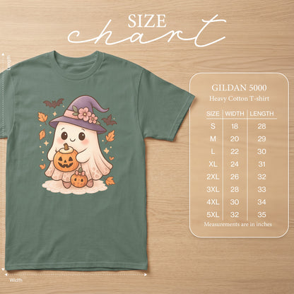 Gildan 5000 Heavy Cotton T-shirt size chart featuring a cute ghost with pumpkins.