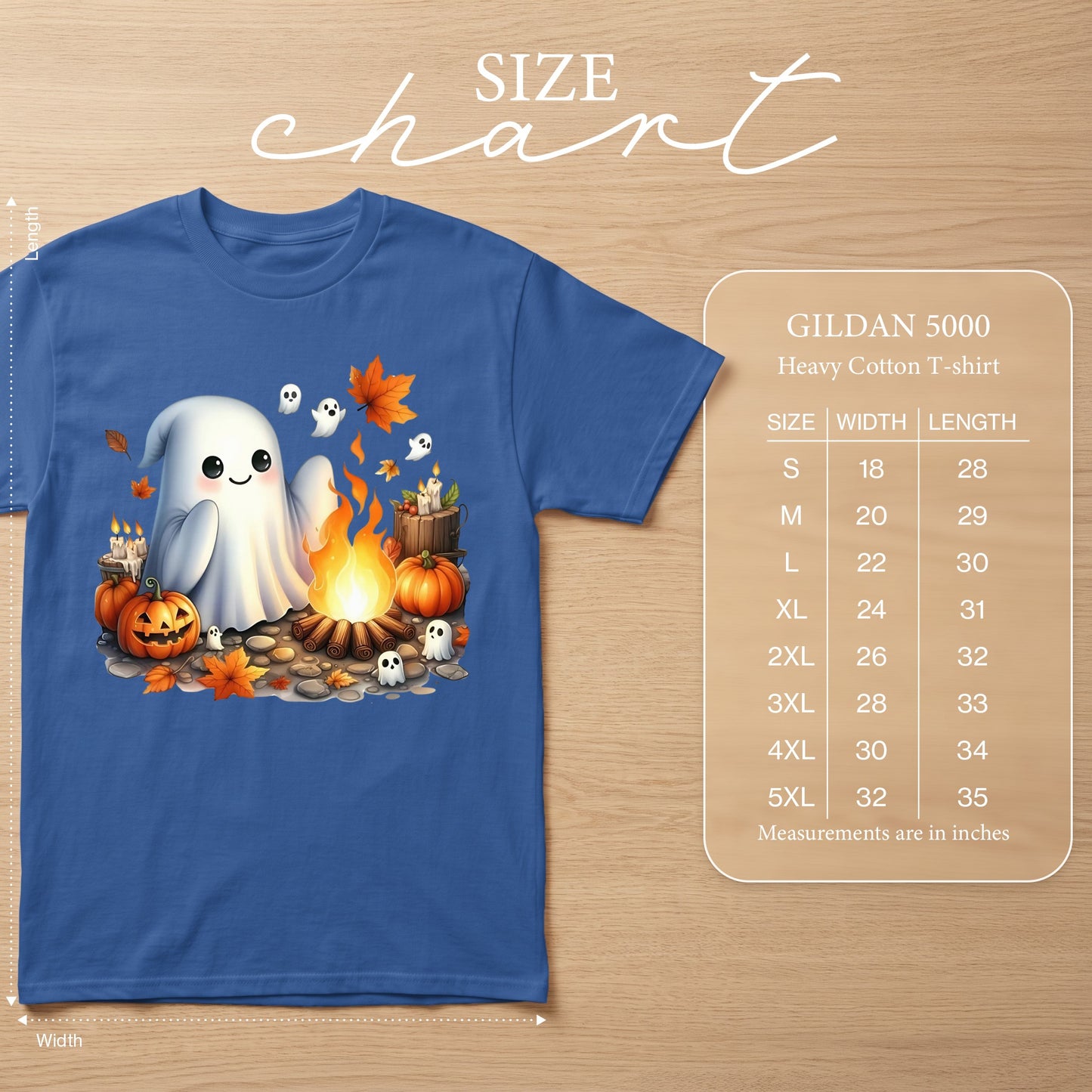 Blue t-shirt with ghost, pumpkins, campfire, and autumn leaves design. Gildan 5000 size chart.