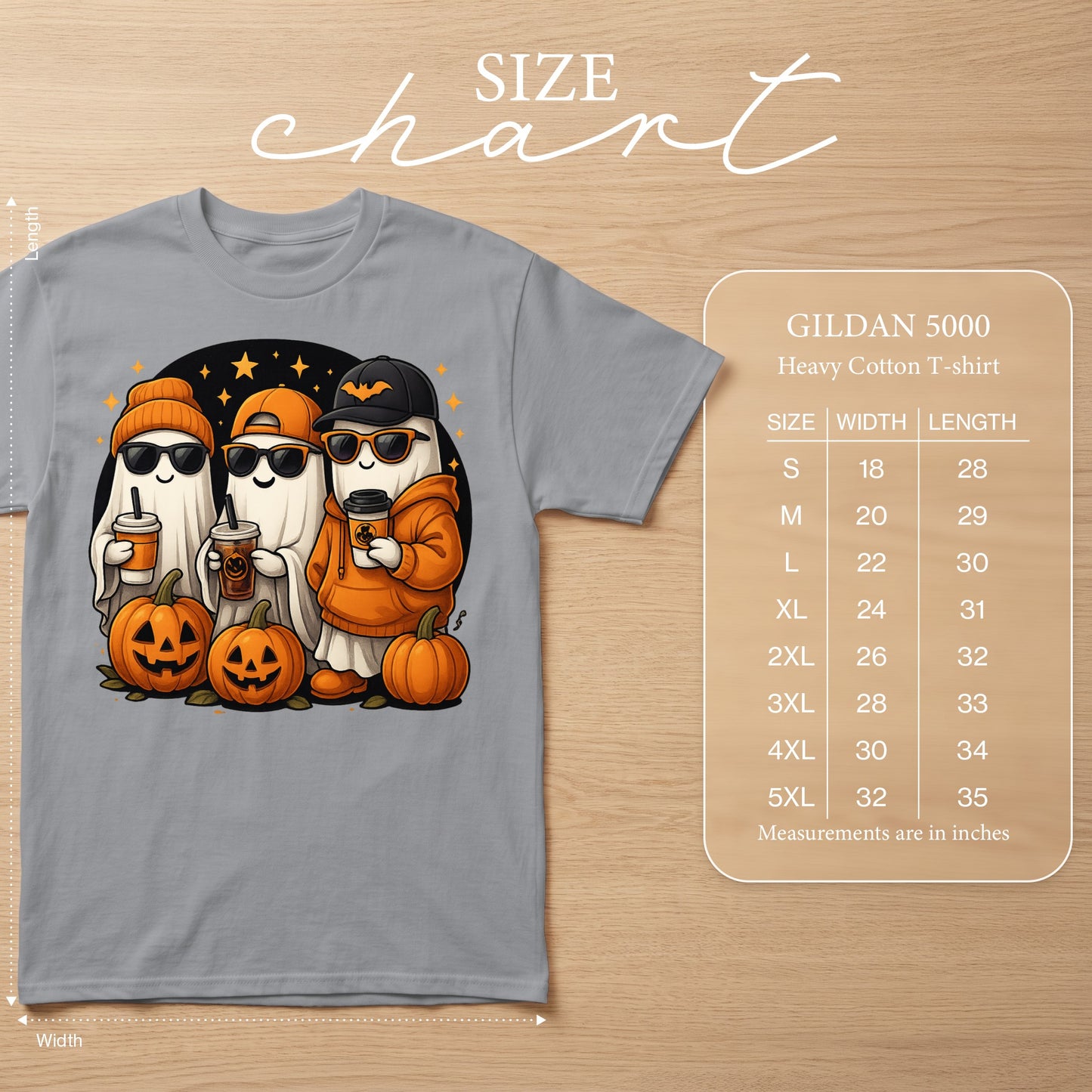 Grey t-shirt with three ghosts holding coffee, standing with pumpkins. Size chart included.
