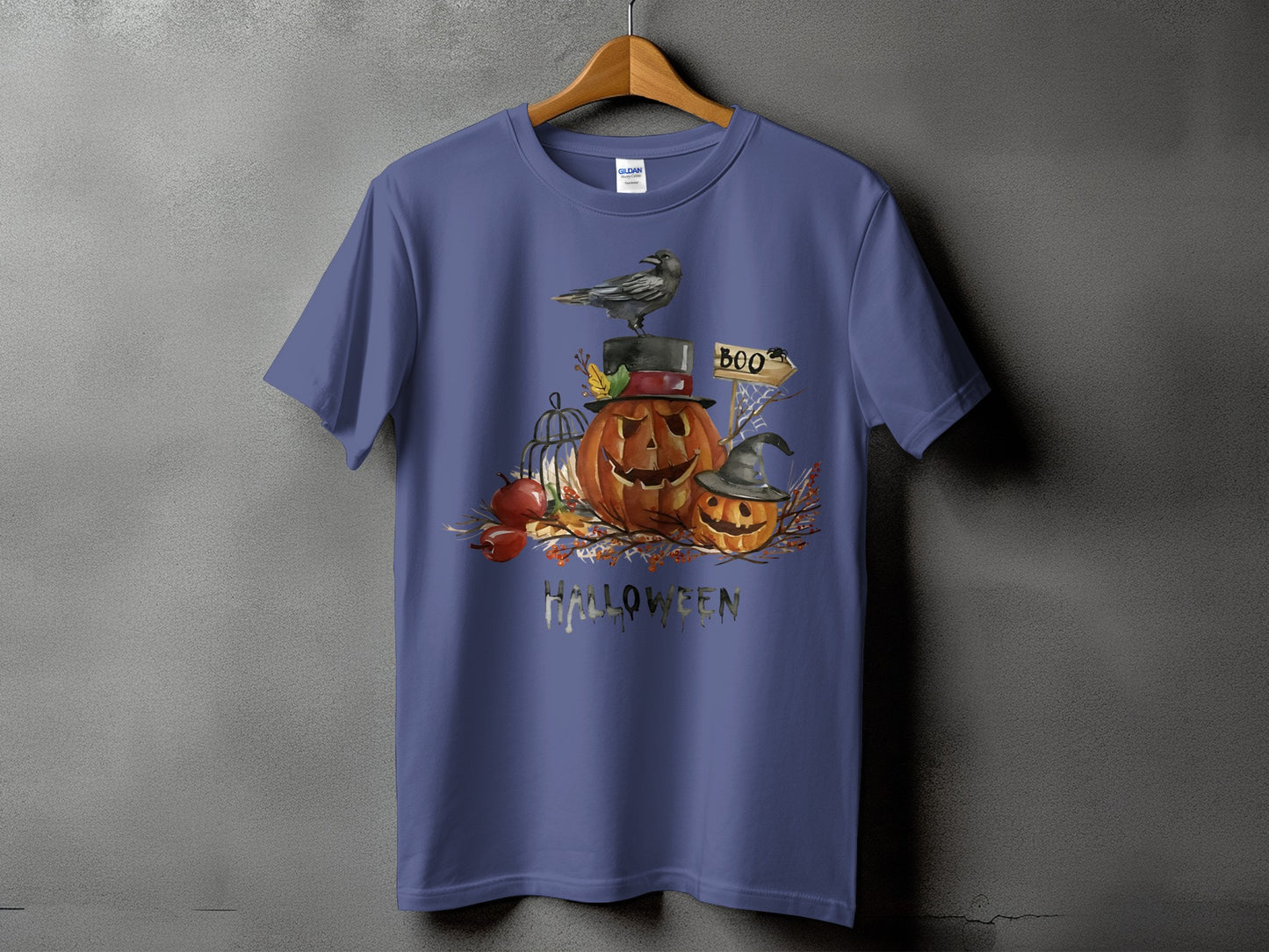 Halloween t-shirt with pumpkins, crow, and "BOO" sign.