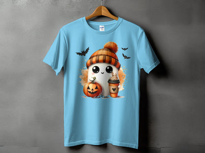 Light blue t-shirt with ghost, pumpkin, coffee cup, and bats Halloween graphic.