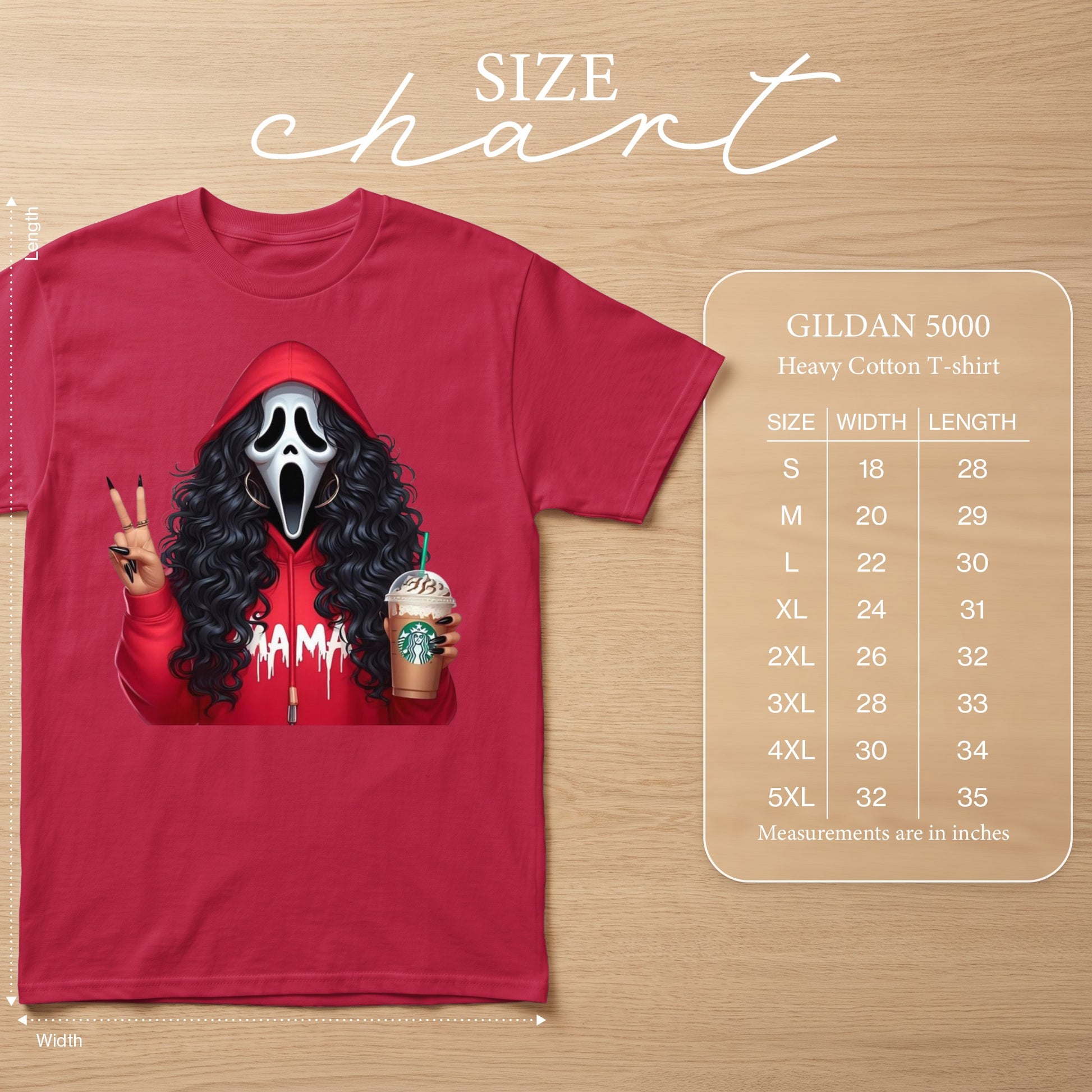 Red t-shirt with Ghostface graphic and size chart for Gildan 5000 heavy cotton t-shirt.