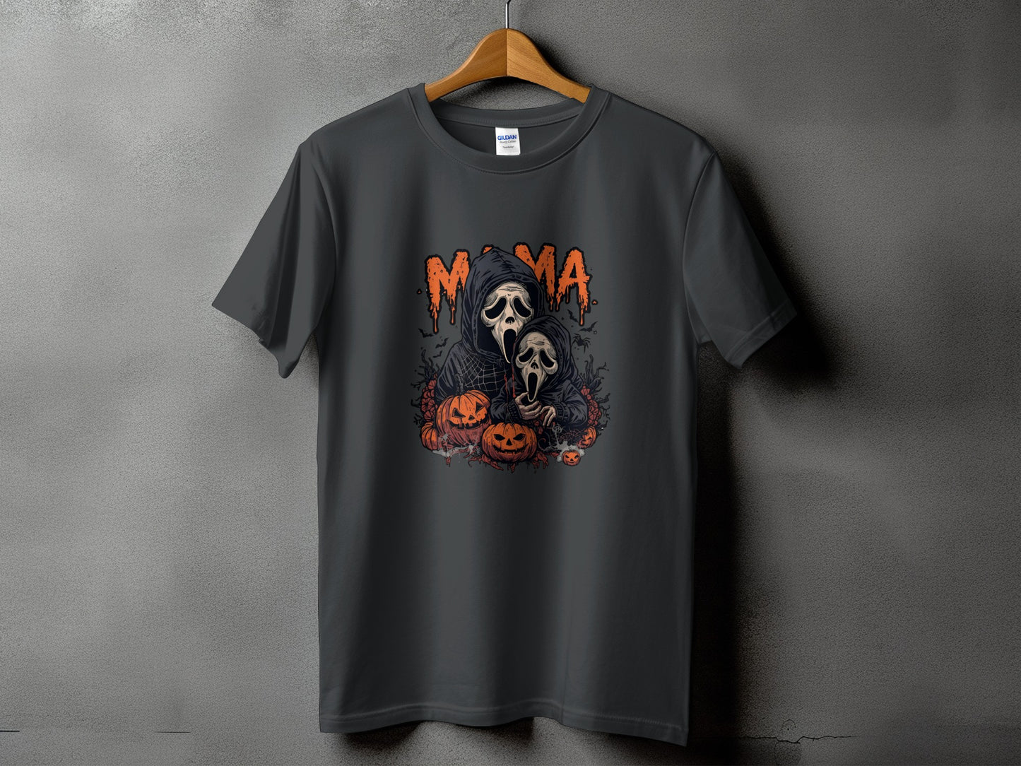 Dark gray t-shirt with "Mama" text and ghost characters with pumpkins.