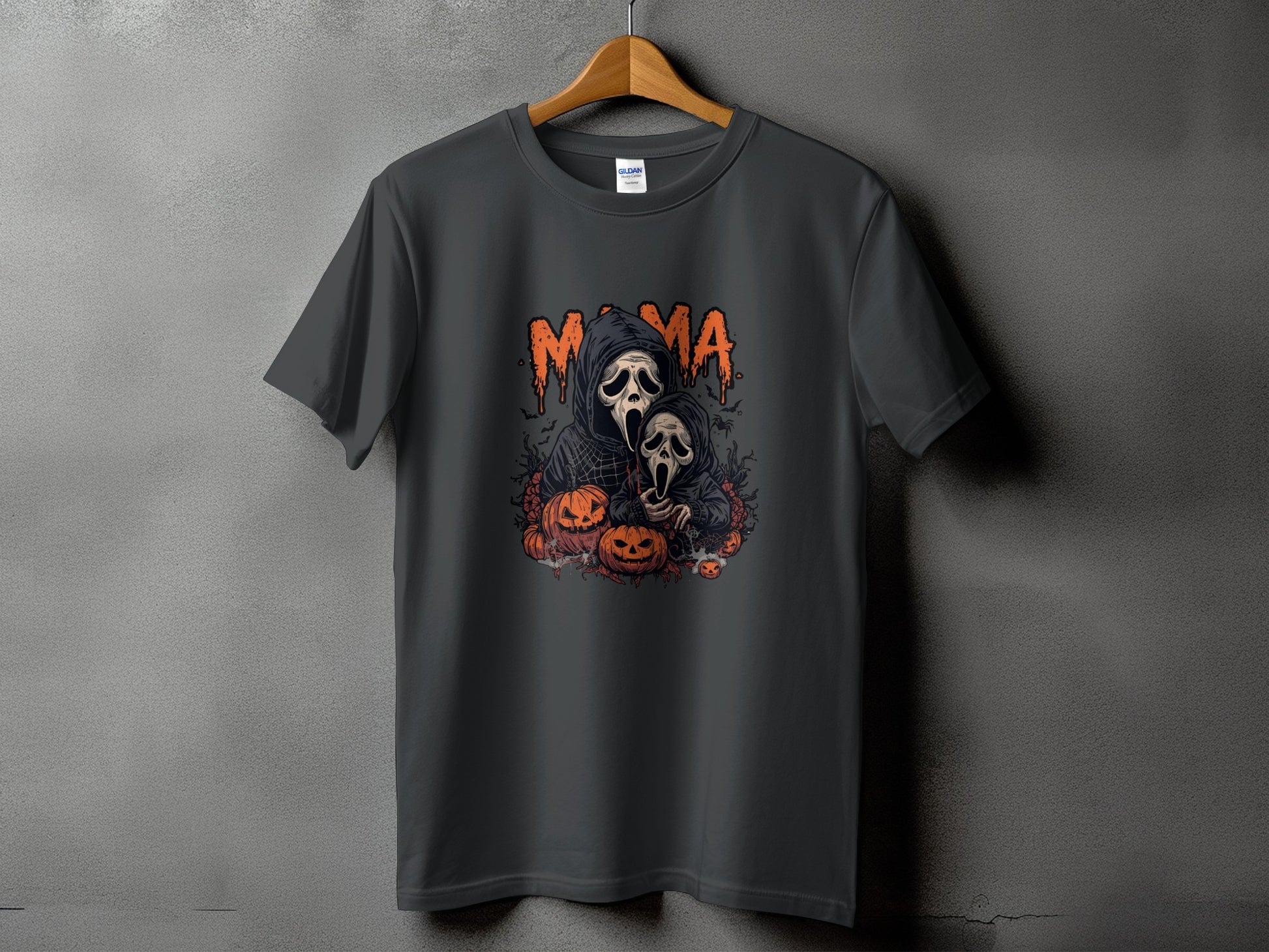 Dark gray t-shirt with "Mama" text and ghost characters with pumpkins.