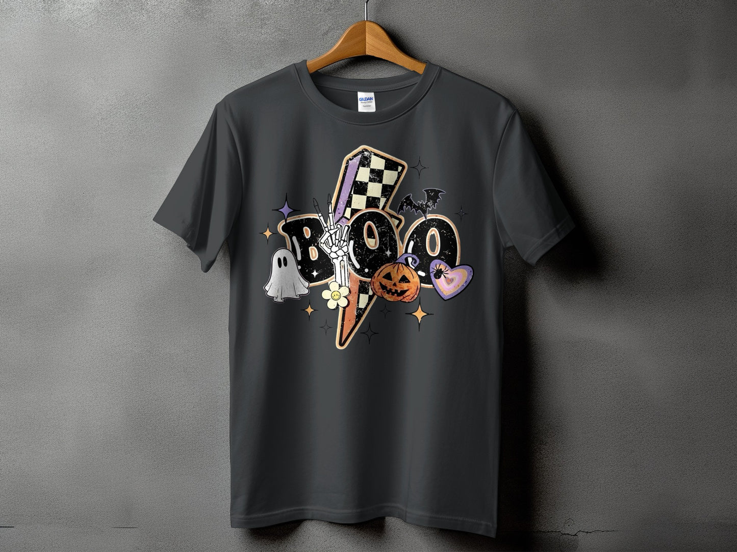 Dark grey t-shirt with Halloween "Boo" graphic featuring a skeleton hand.