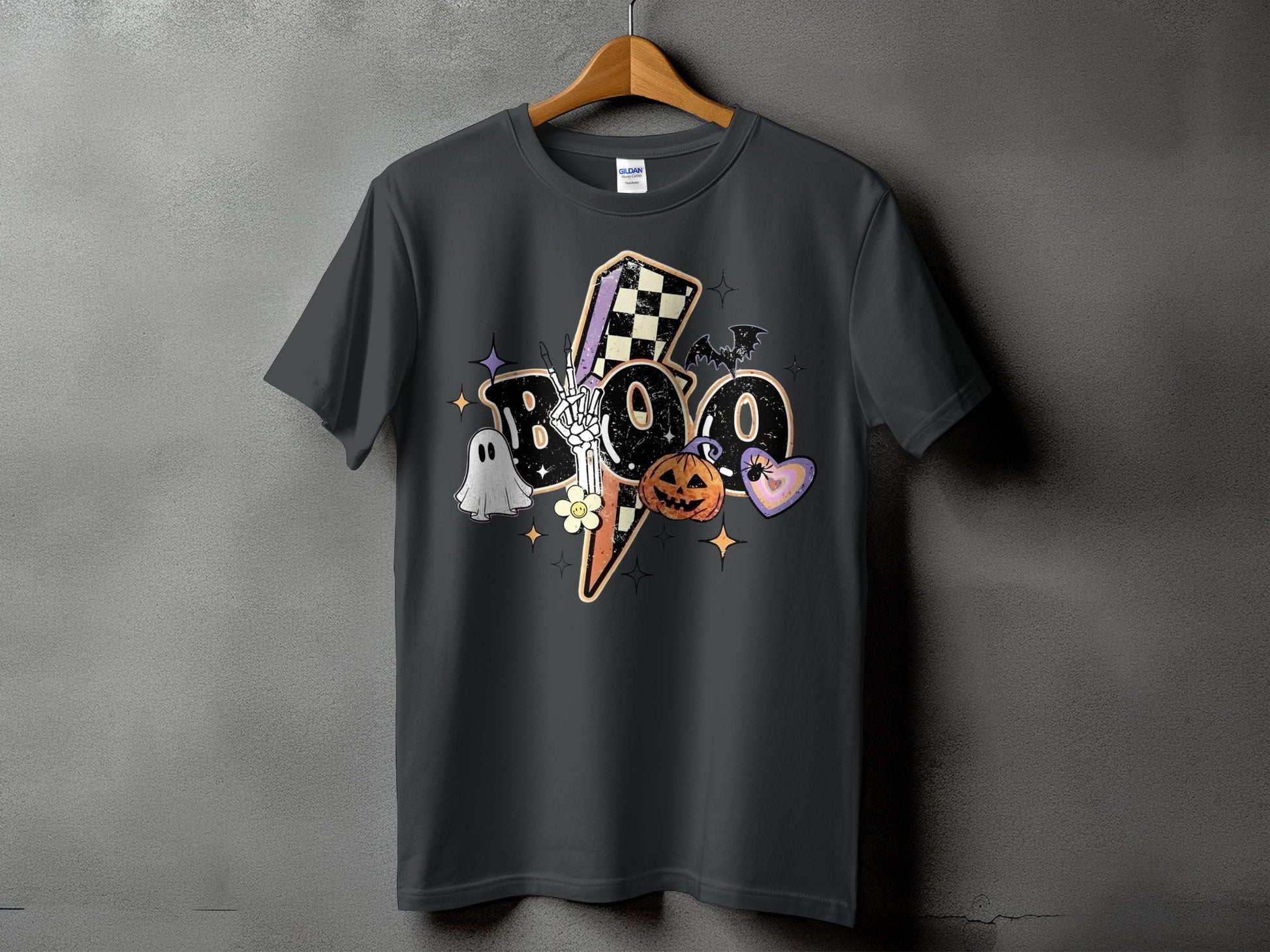 Dark grey t-shirt with Halloween "Boo" graphic featuring a skeleton hand.