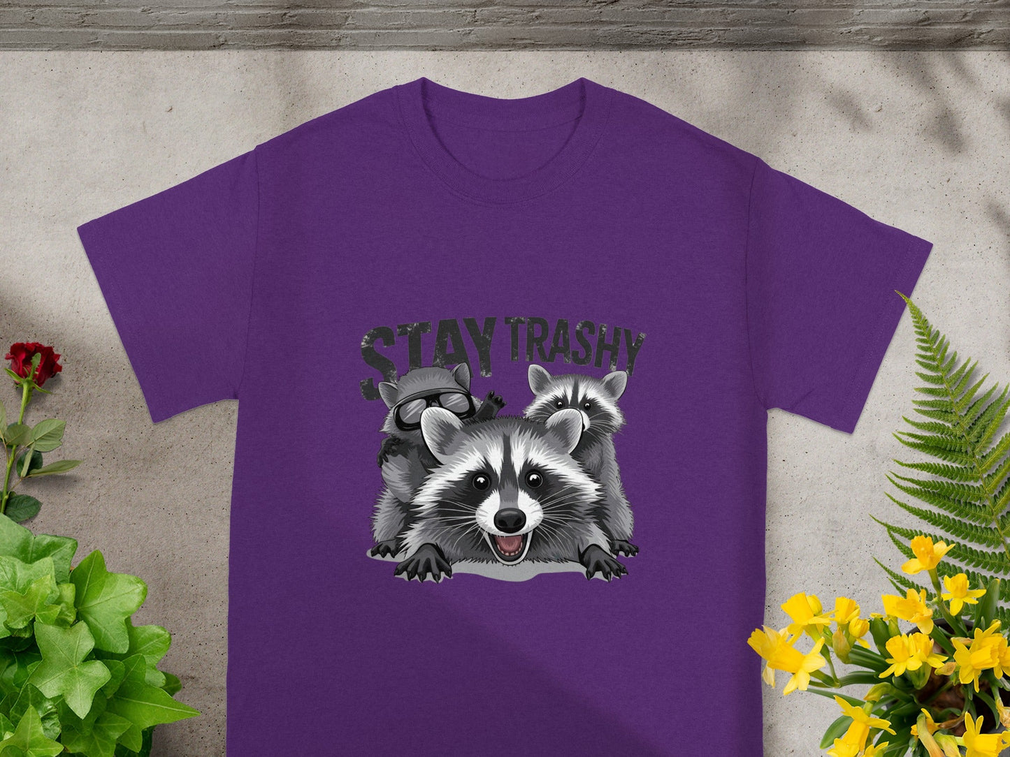 Stay Trashy Raccoon Graphic Purple T-Shirt