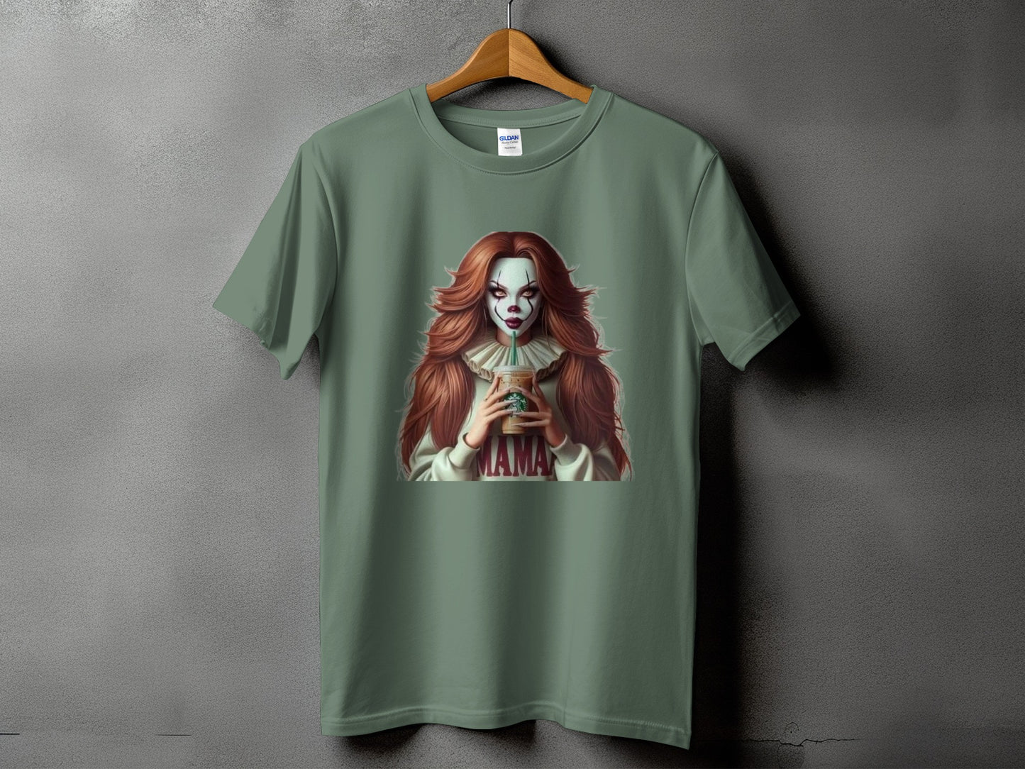 Green t-shirt with a clown woman holding a Starbucks coffee cup.