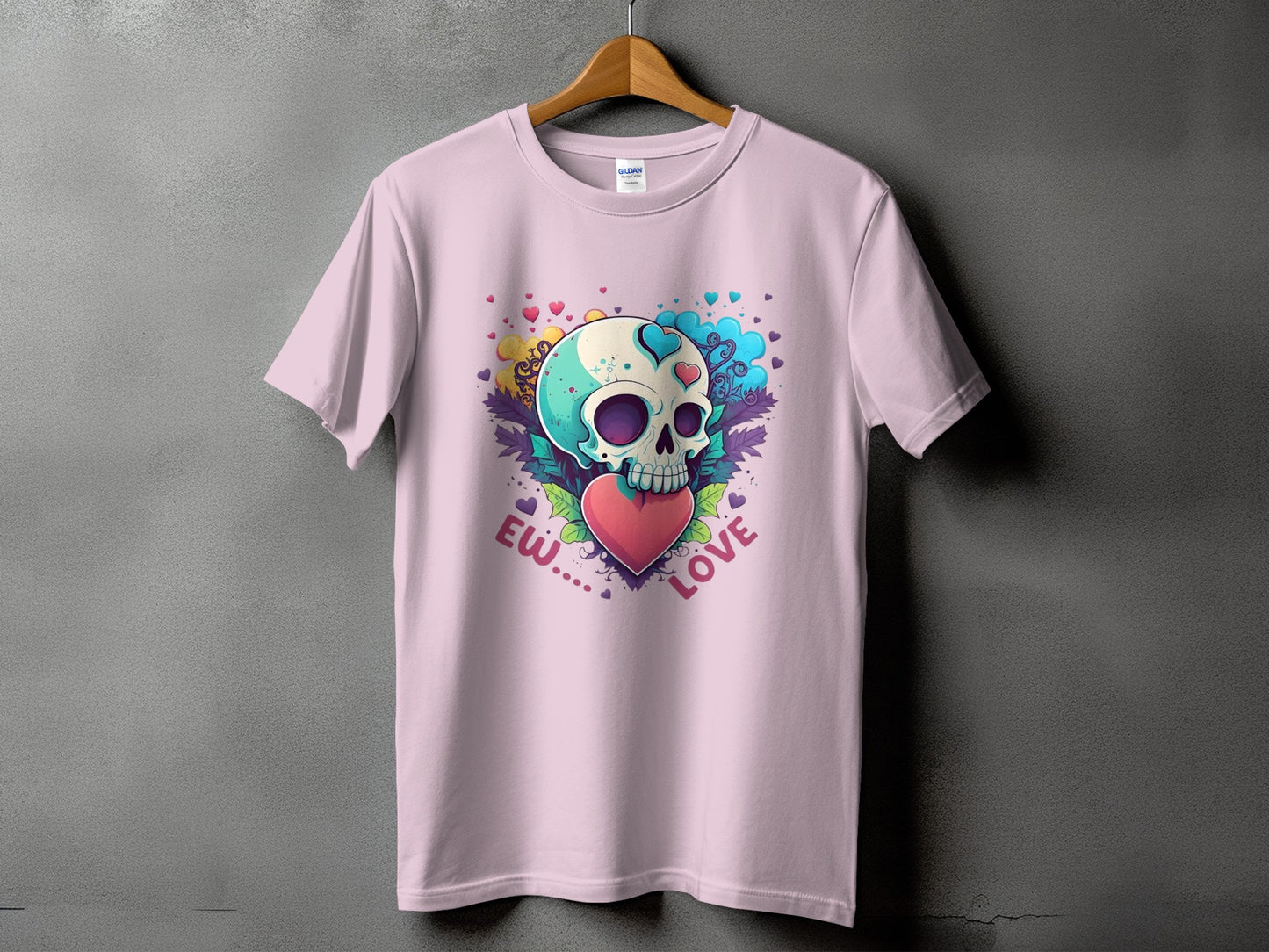 Pink t-shirt with a skull, heart, and "Ew... Love" graphic.