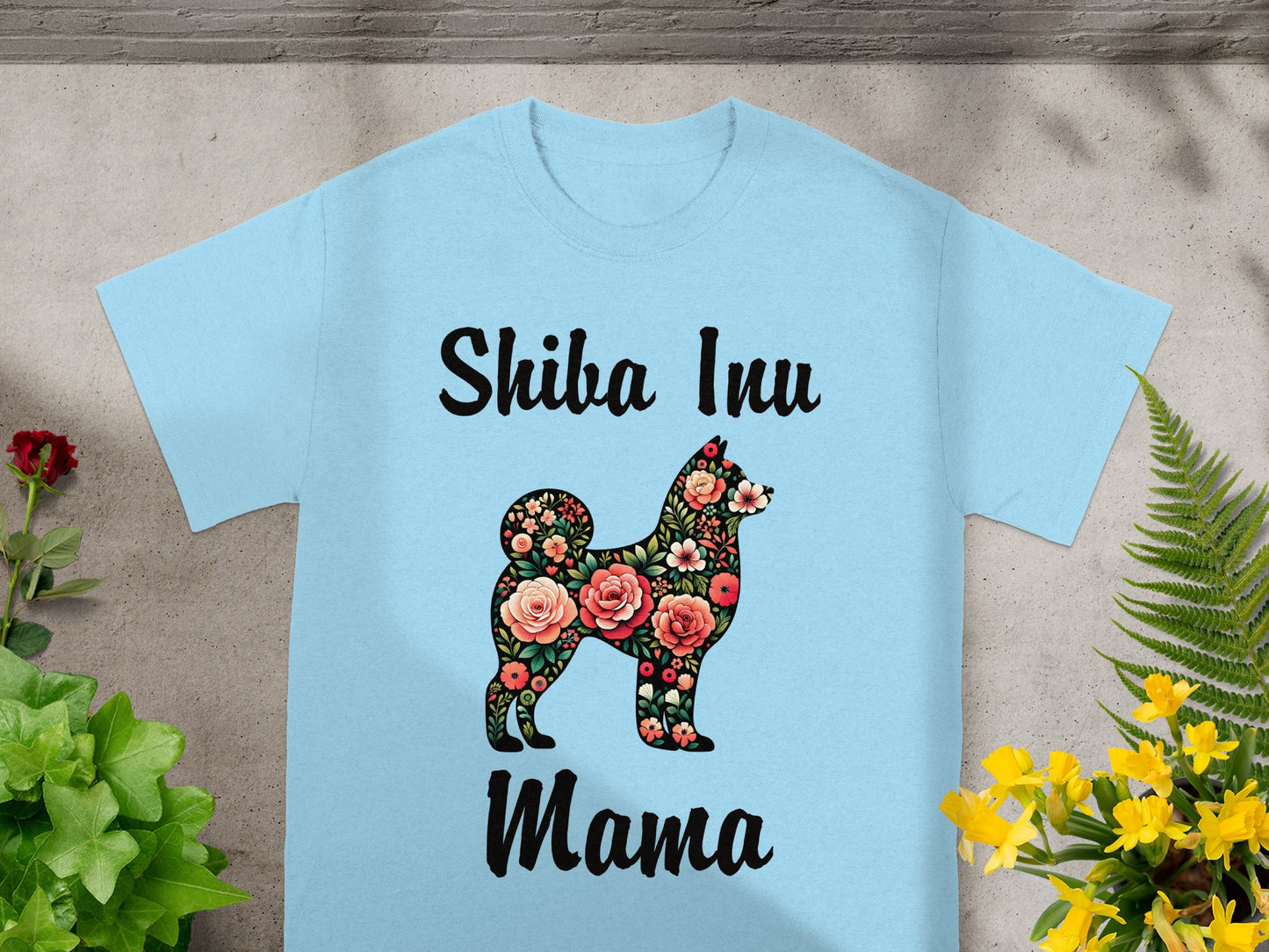 Light blue t-shirt with "Shiba Inu Mama" and floral dog graphic.