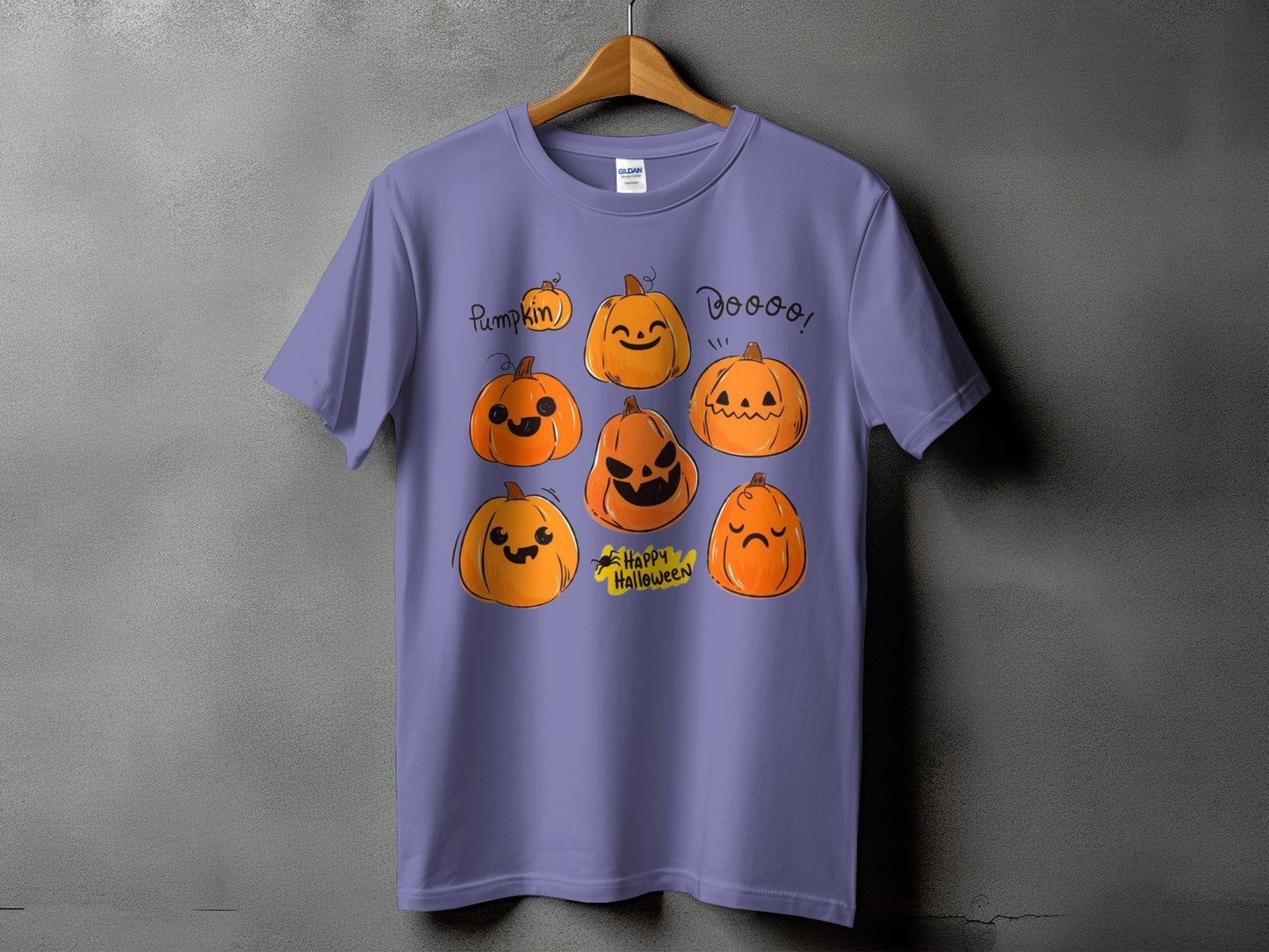 Purple t-shirt with a cartoon Halloween pumpkin design and "Pumpkin" text.