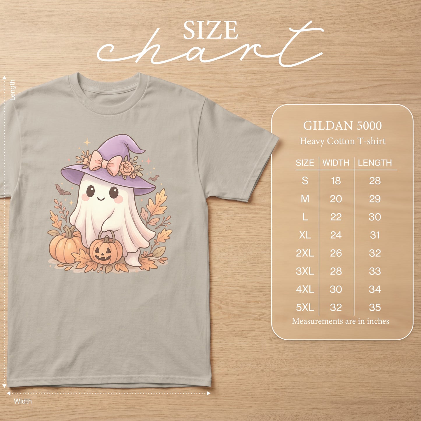 Gildan 5000 heavy cotton t-shirt size chart with cute ghost and pumpkins graphic.