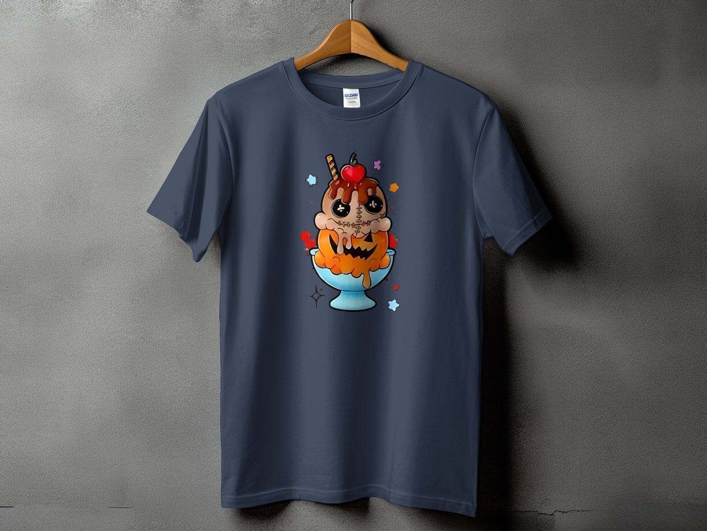 T-shirt featuring a spooky ice cream sundae with a pumpkin base.