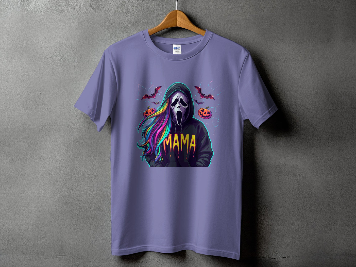 Purple t-shirt with a ghost mask wearing a hoodie, colorful hair, and the word "MAMA."