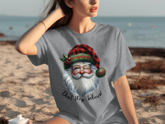 Festive Holiday Don't Stop Believin' Santa T-shirt