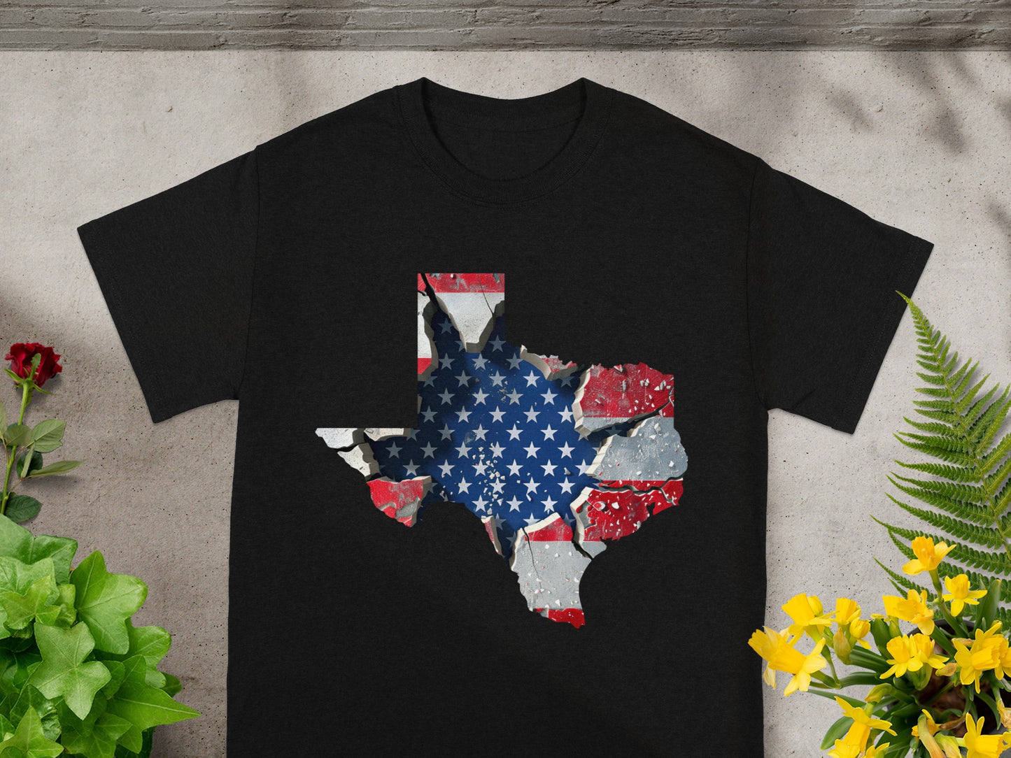 Black t-shirt with a distressed Texas map graphic featuring the American flag.