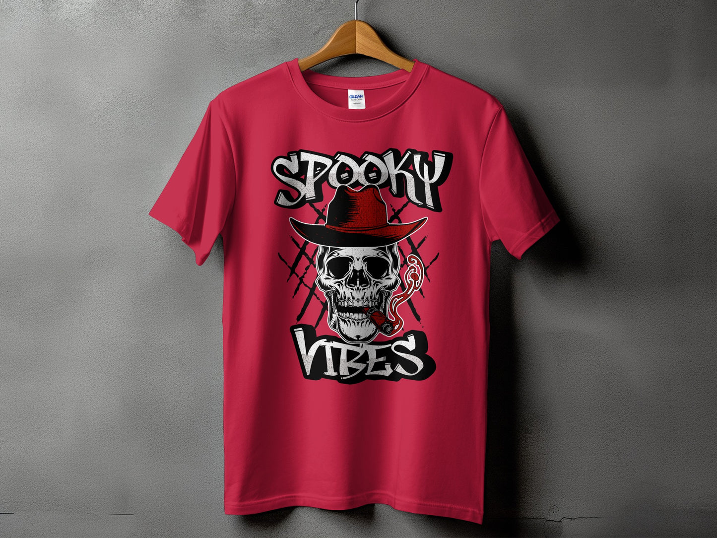 Red t-shirt with skull, hat, cigar, and text "SPOOKY VIBES".