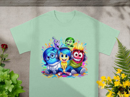 Inside Out characters Joy, Sadness, Anger, Fear, and Disgust sitting together.