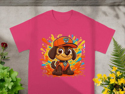 Paw Patrol's Chase dog character on a bright pink graphic t-shirt.