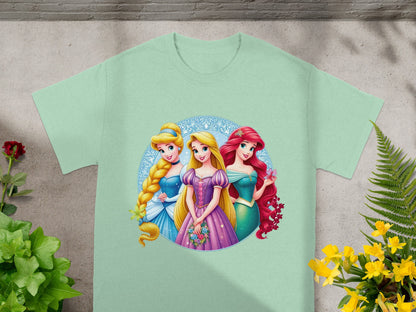 T-shirt with Rapunzel, Cinderella, and Ariel characters from Disney's Tangled and Cinderella.