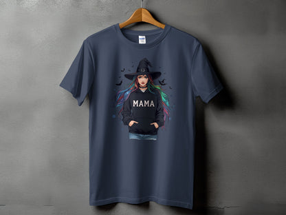 Dark blue t-shirt with a witch graphic and the word "MAMA".