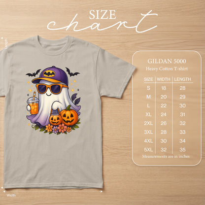 Light grey Gildan 5000 t-shirt featuring a cartoon ghost with sunglasses and a Batman cap.