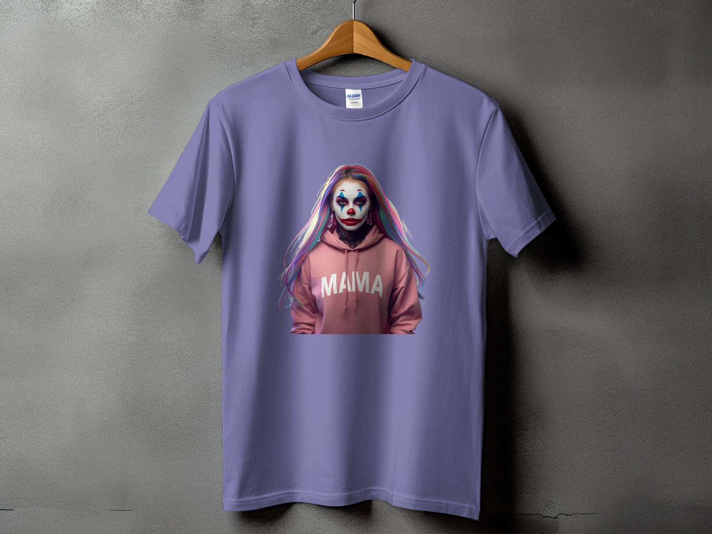 Purple t-shirt with a clown-like portrait and the word "MAMA" in white text.