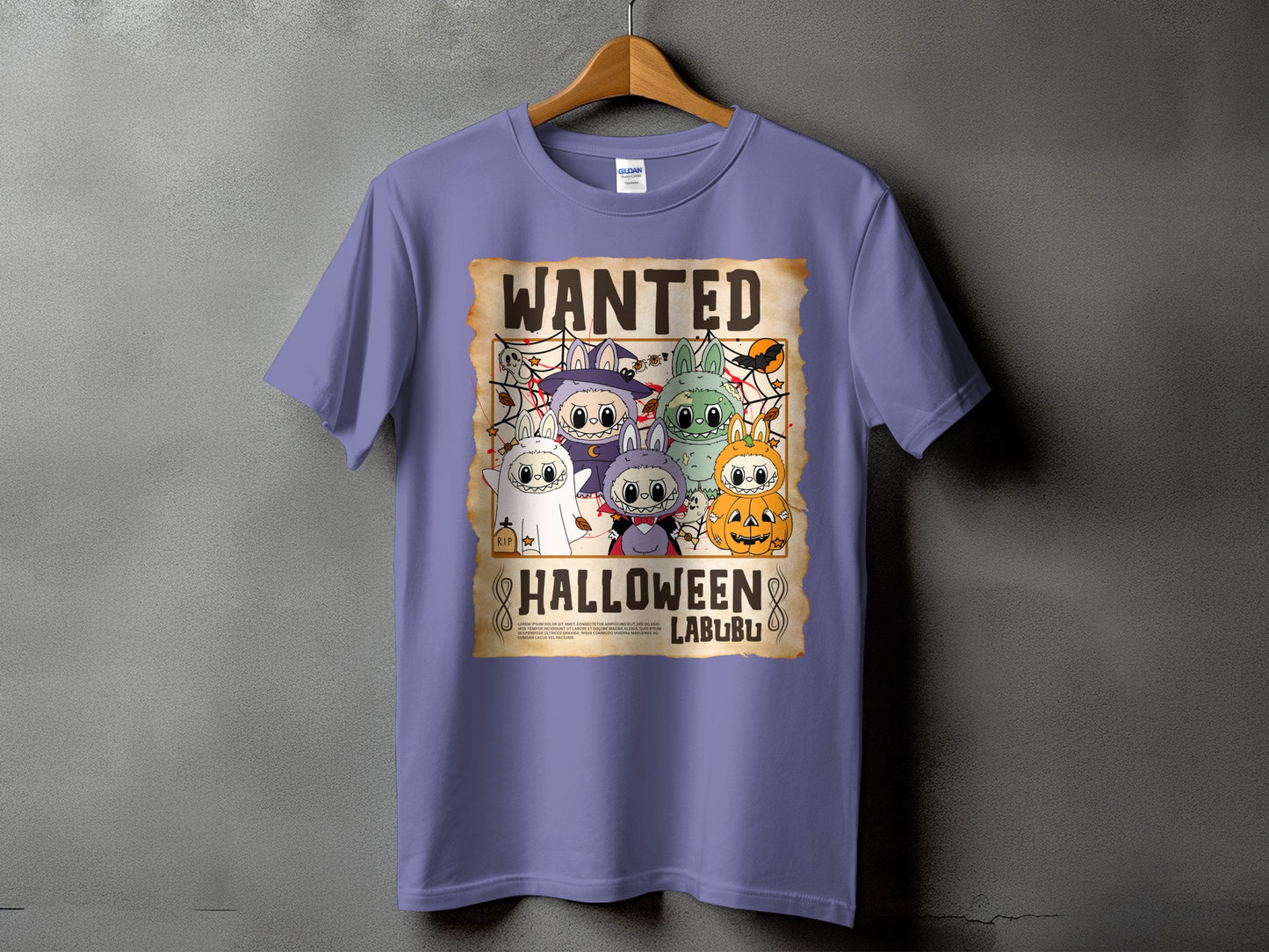 Purple t-shirt with a "WANTED" Halloween poster featuring cartoon characters and text.