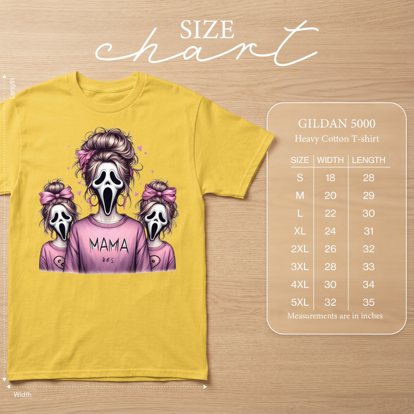 Yellow t-shirt with "Mama and besties" ghost graphic and Gildan 5000 size chart.