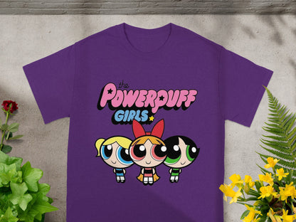 The Powerpuff Girls graphic on a purple t-shirt.