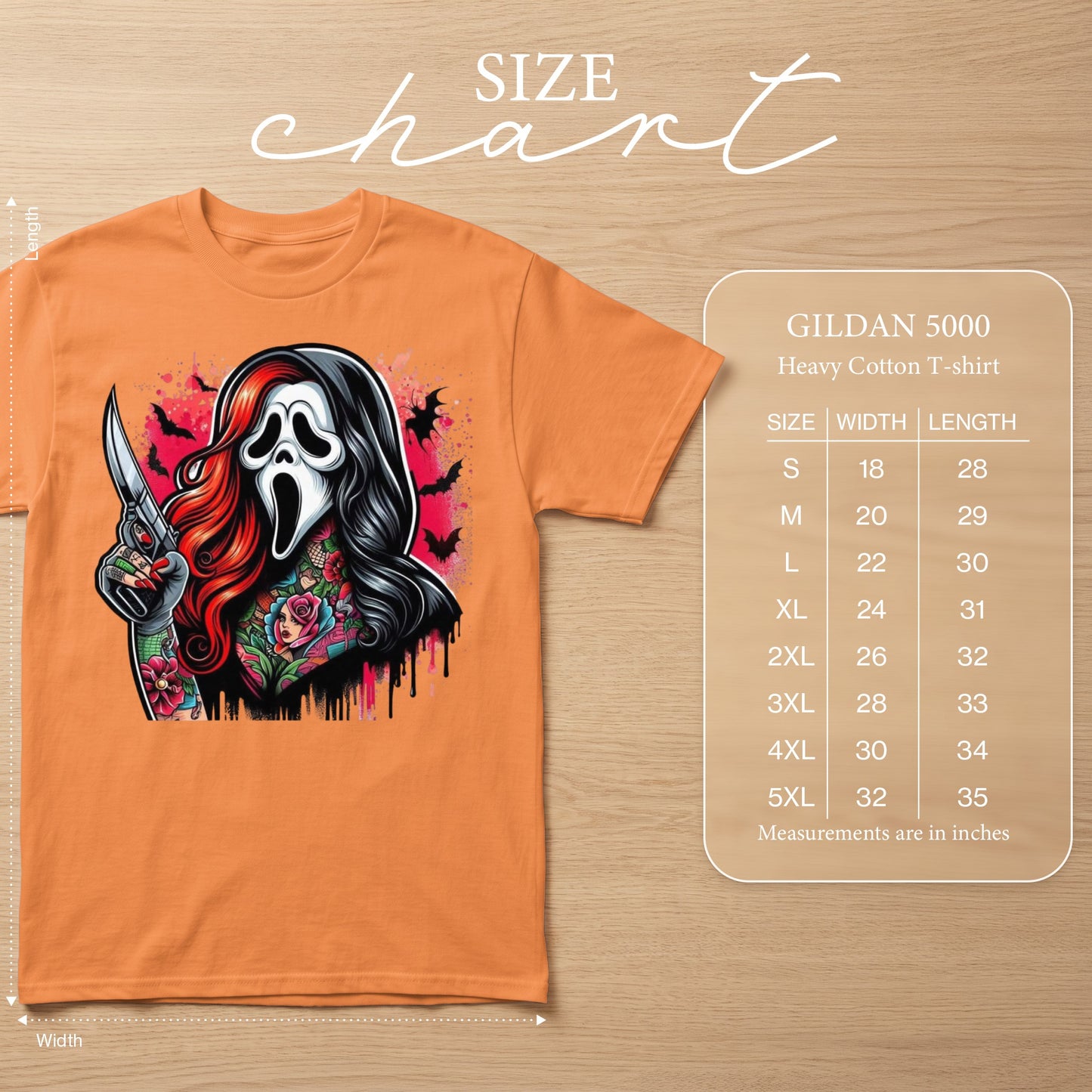 Orange t-shirt with a scream mask character and knife graphic, size chart.