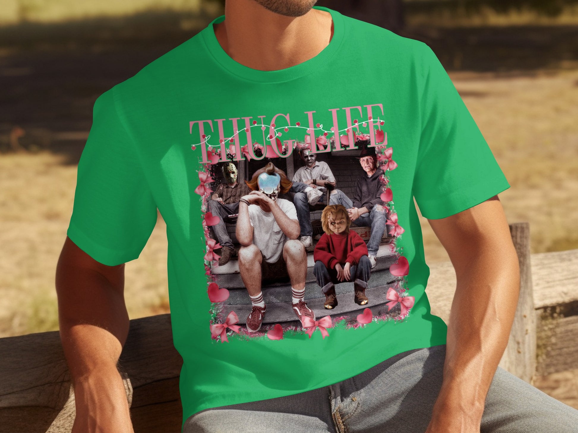 Thug Life Horror Characters Print Green T-Shirt