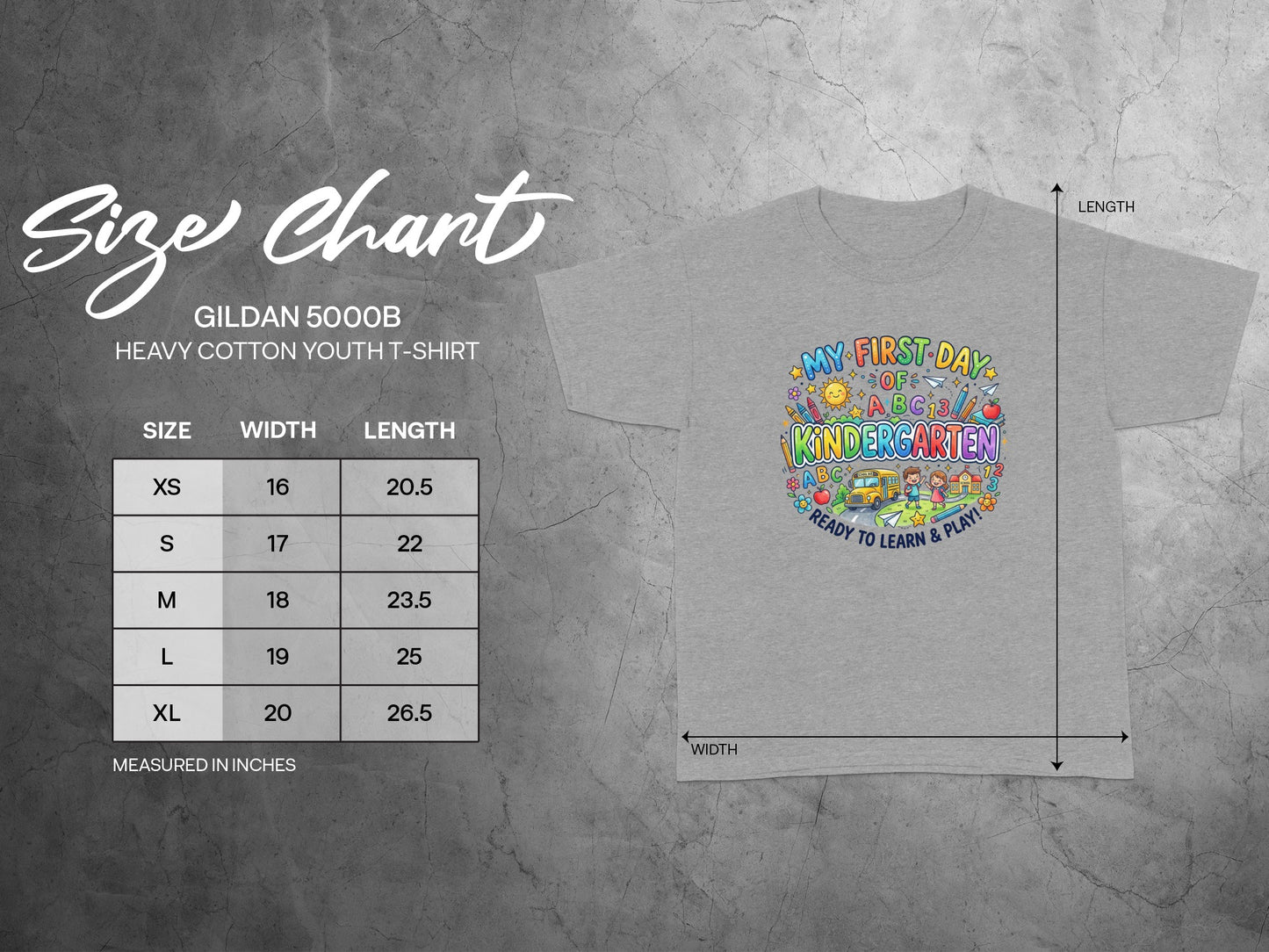 Gildan 5000B youth t-shirt size chart with width and length measurements.