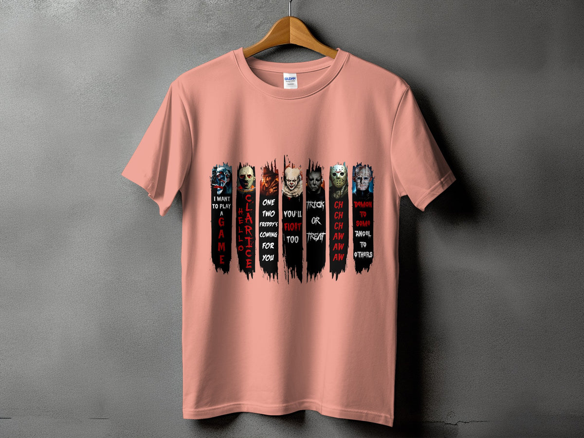 Peach t-shirt with horror movie villain masks and text in vertical panels.
