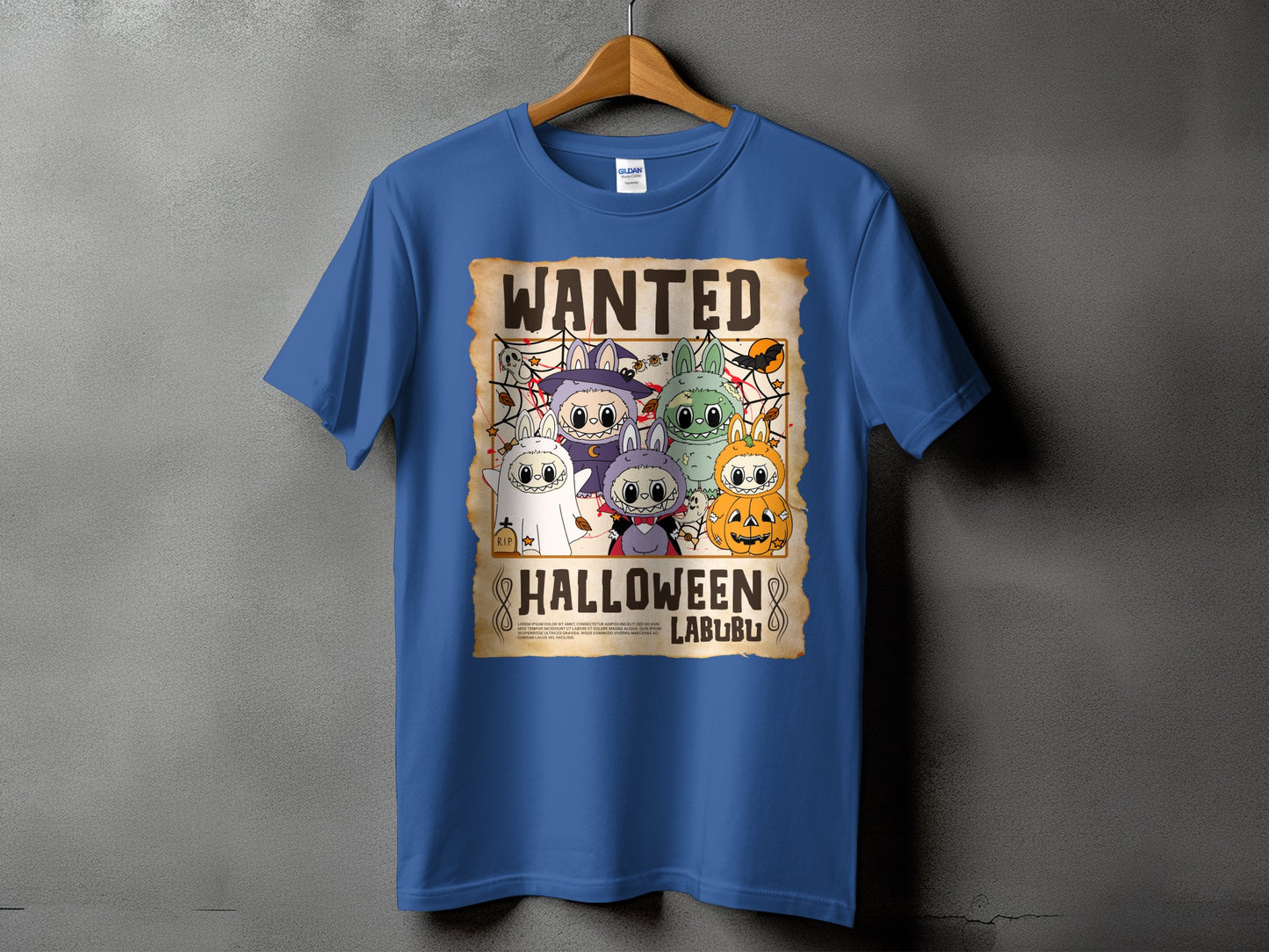 Blue t-shirt with wanted poster design featuring cartoon Halloween characters and the text "Halloween Labubu".