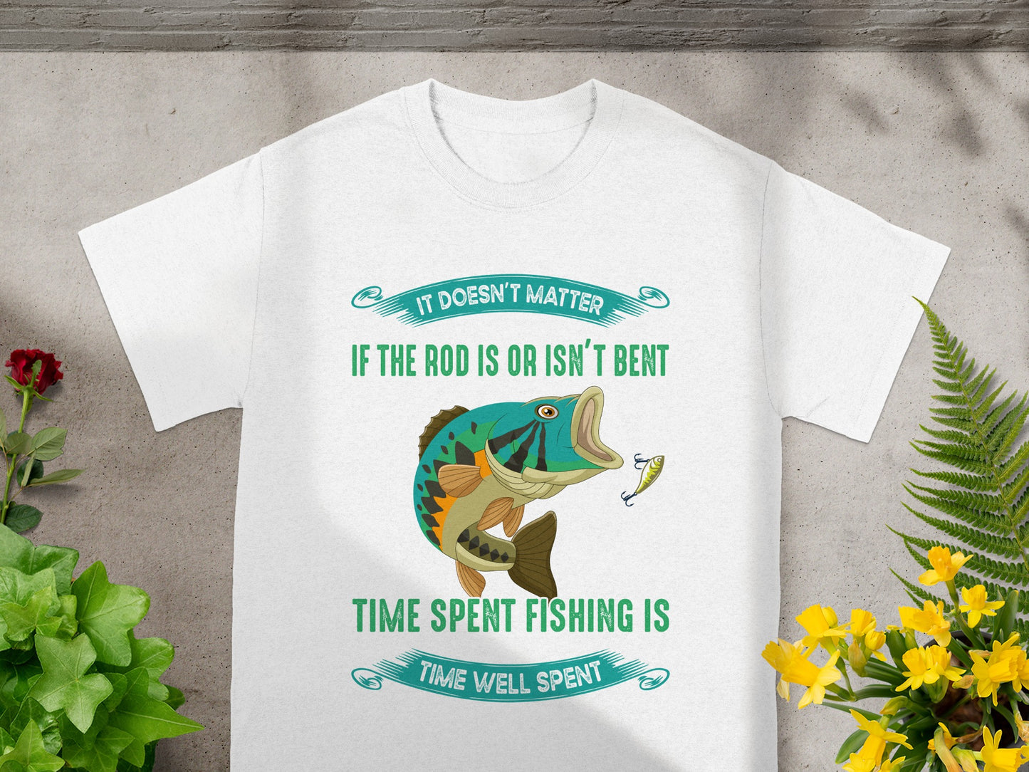 White tee with a fish and lure graphic and fishing text.
