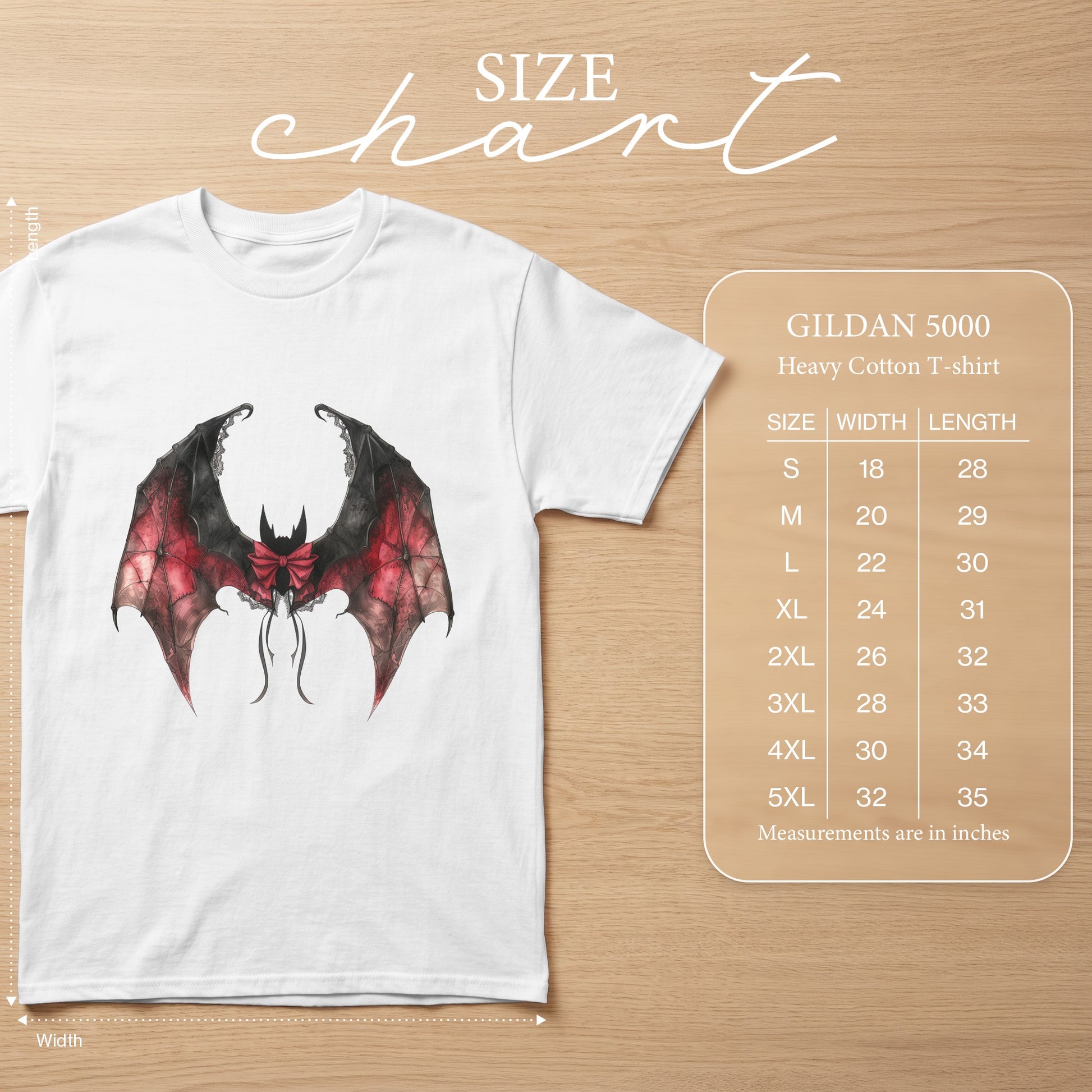 White Gildan 5000 t-shirt with bat graphic and size chart.