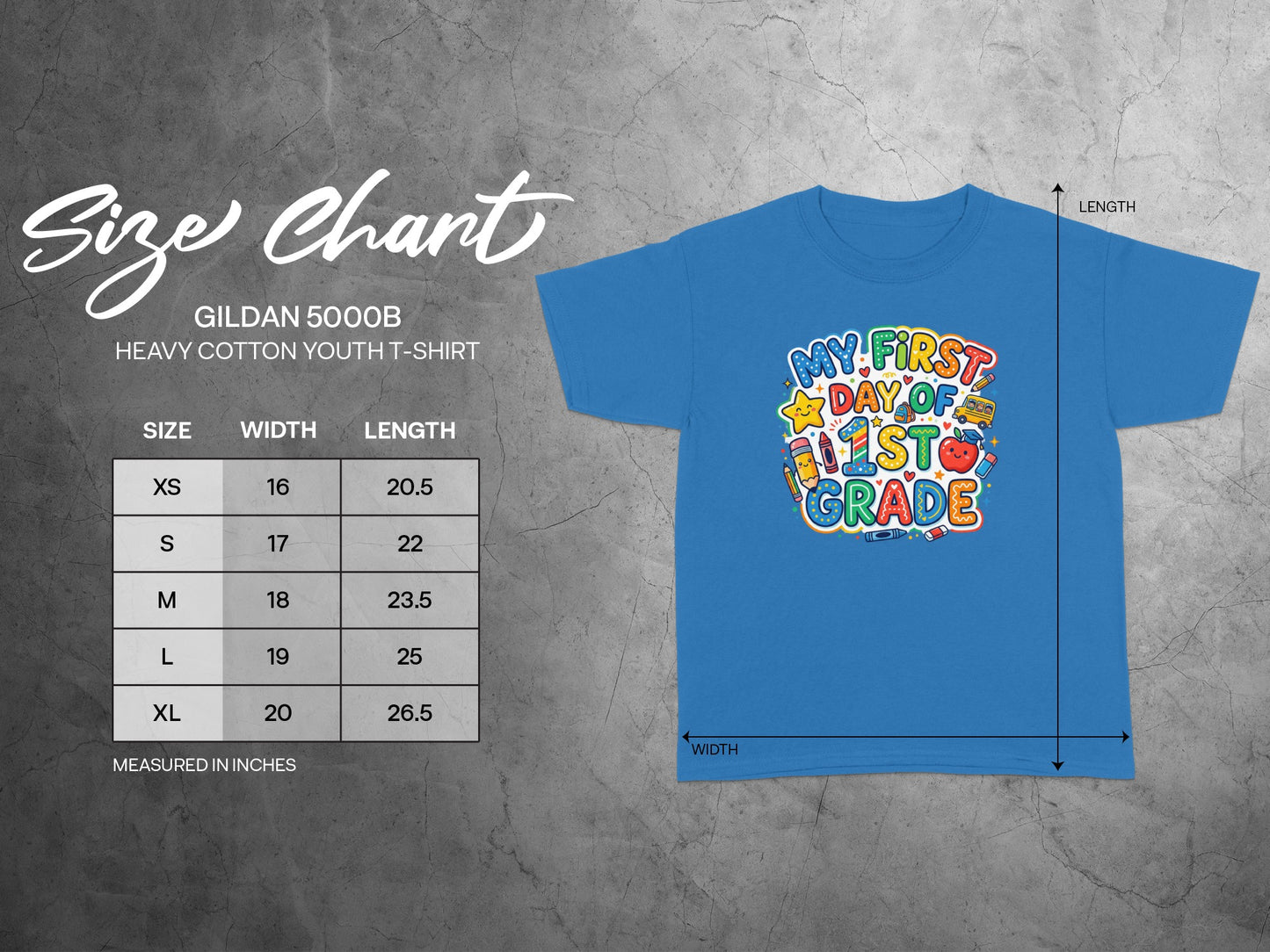 Gildan 5000B heavy cotton youth t-shirt size chart with width and length measurements.