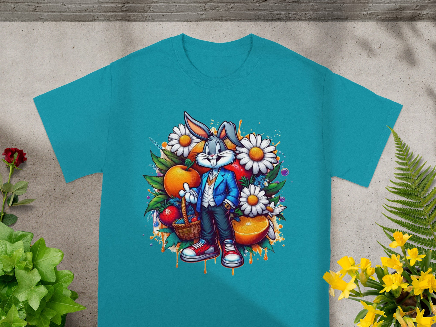 Cartoon Character with Fruits and Flowers T-shirt