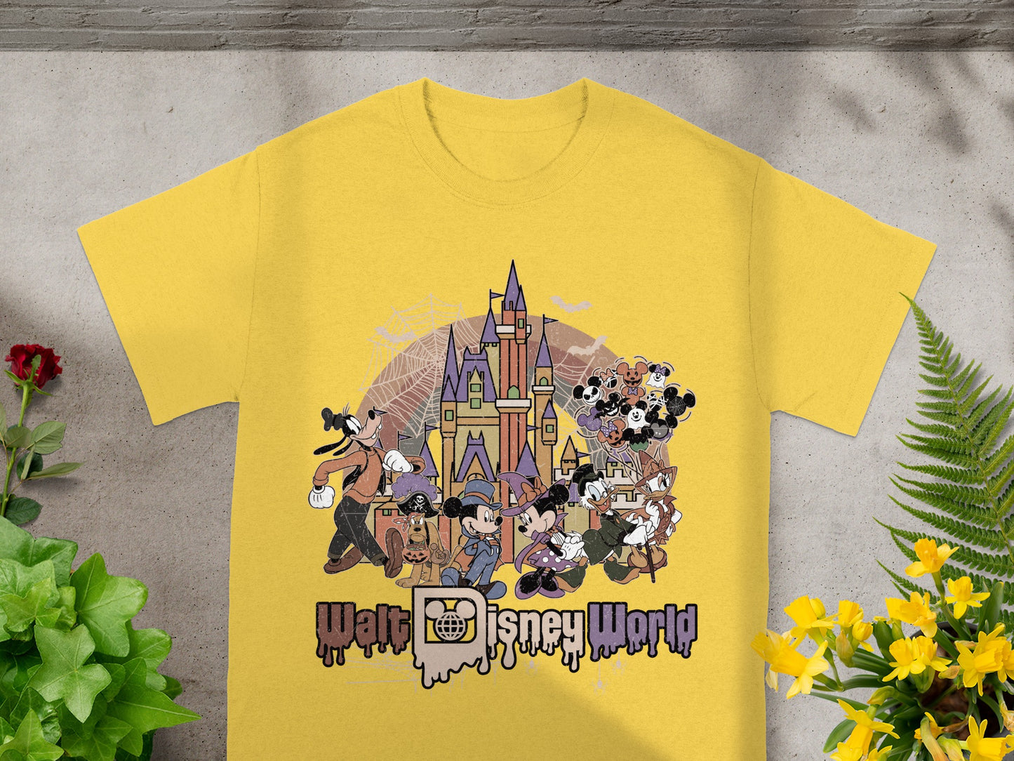 Disney characters in costumes gathered at Cinderella Castle with Walt Disney World text.