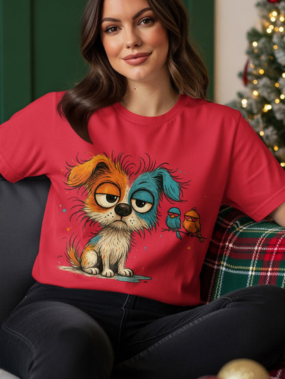 Dog with two birds on a red t-shirt.