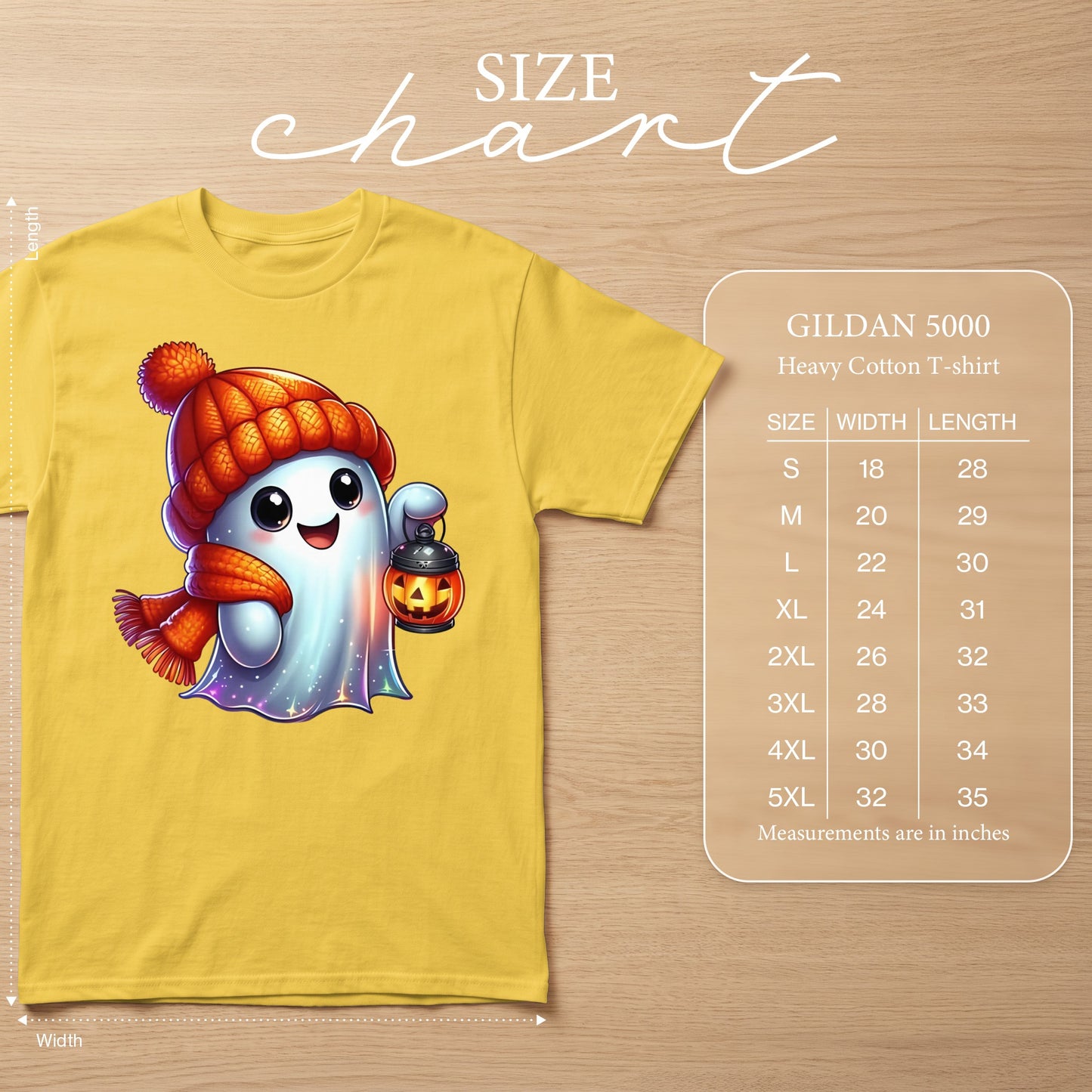 Yellow Gildan 5000 t-shirt with cute ghost graphic and size chart.