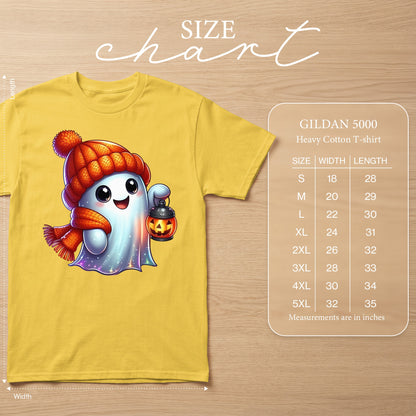 Yellow Gildan 5000 t-shirt with cute ghost graphic and size chart.