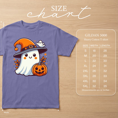 Purple t-shirt with a cute ghost wearing a witch hat and holding a pumpkin. Size chart for Gildan 5000.