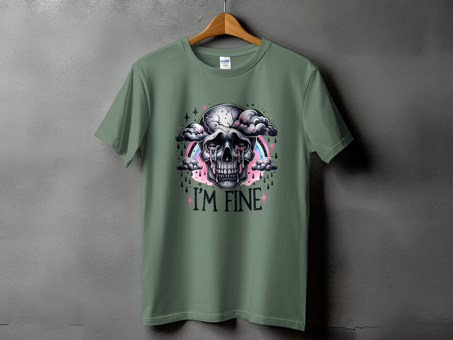 T-shirt with crying skull graphic and "I'M FINE" text.