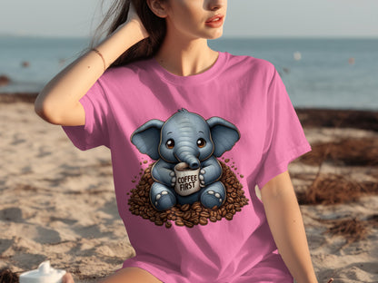 Cute Elephant Coffee First Graphic Tee Shirt