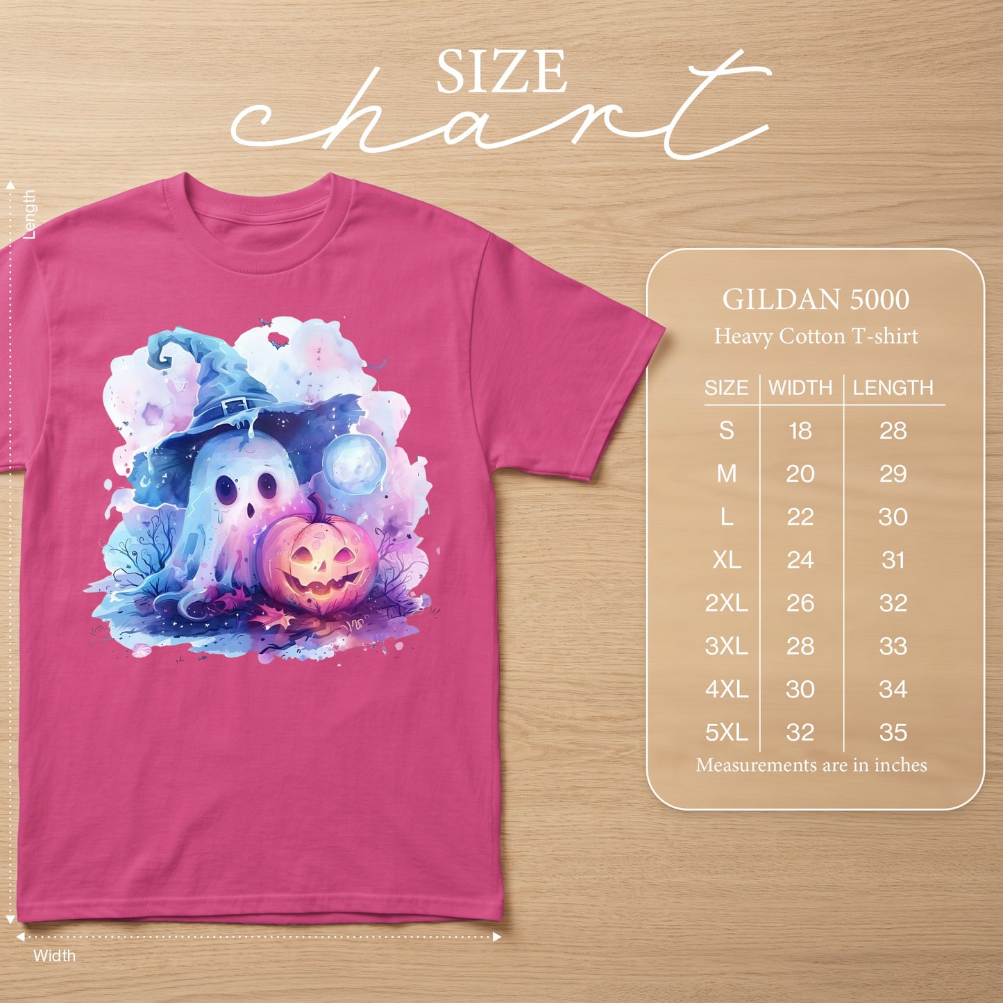 Pink t-shirt with watercolor ghost, pumpkin, and hat graphic, and Gildan 5000 size chart.