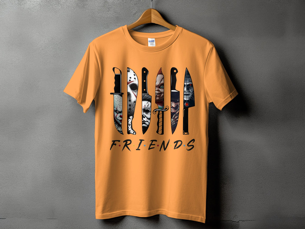 Orange t-shirt with horror movie knives and "FRIENDS" text.