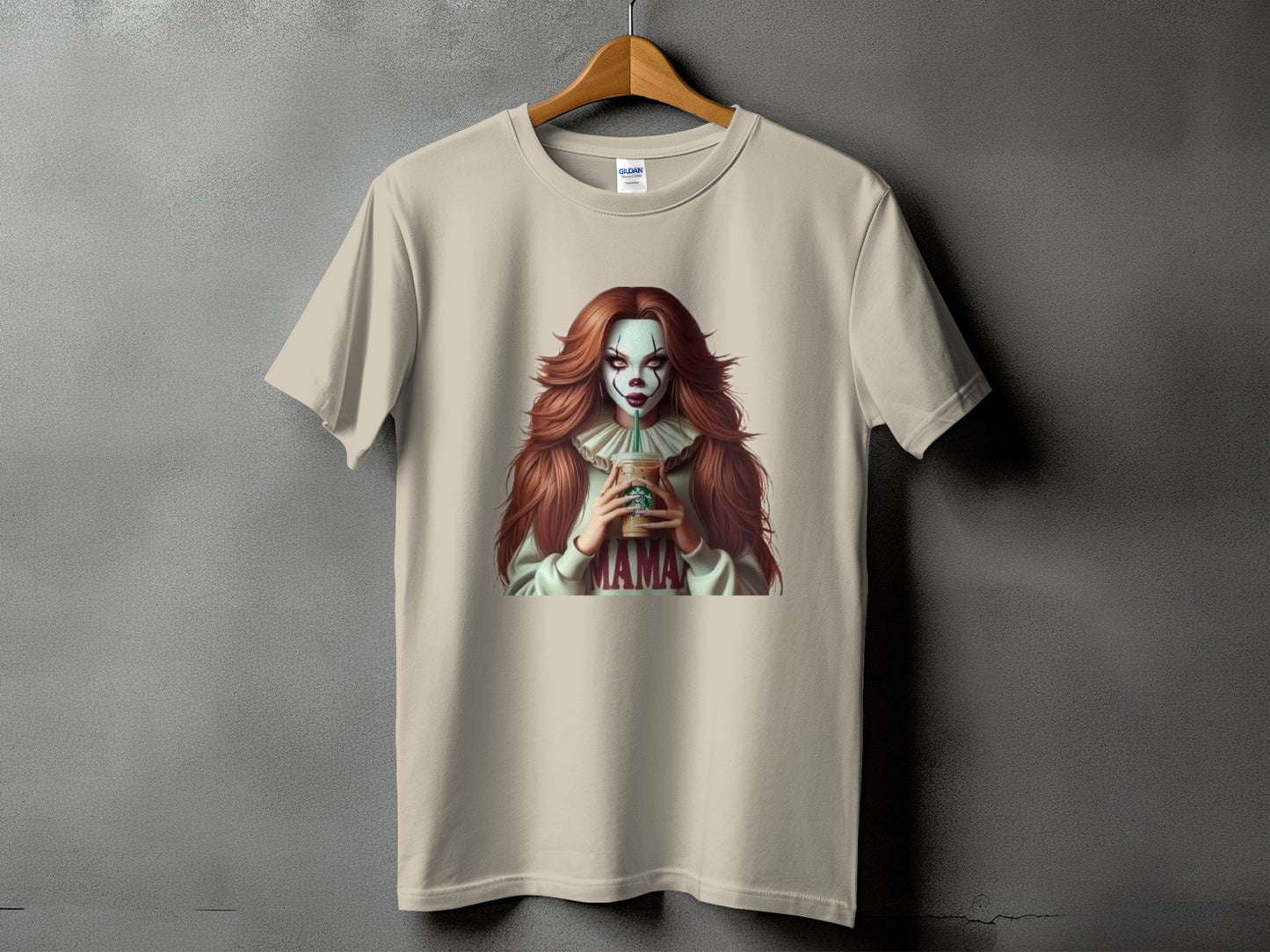 T-shirt with clown graphic holding Starbucks drink, "Mama" text.