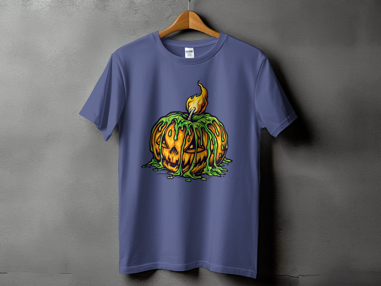 Purple t-shirt with a jack-o'-lantern graphic dripping with green slime and a flame.